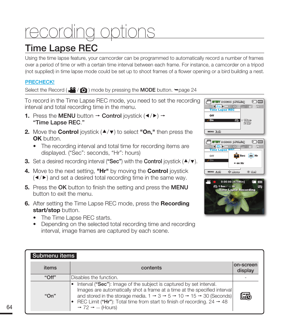 Time lapse rec, Recording options, Submenu items | Samsung SMX-F40RN-XAA User Manual | Page 76 / 131