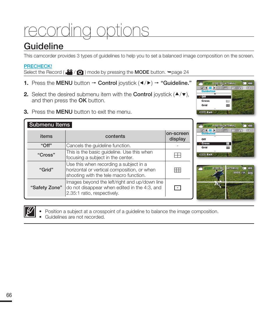 Guideline, Recording options | Samsung SMX-F40RN-XAA User Manual | Page 78 / 131