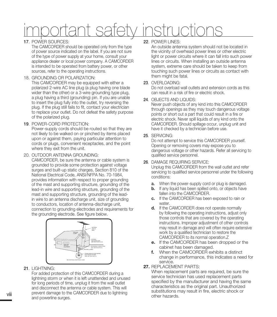 Important safety instructions, Viii | Samsung SMX-F40RN-XAA User Manual | Page 8 / 131