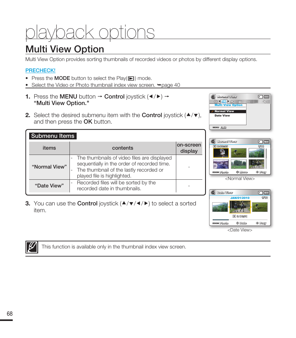 Multi view option, Playback options | Samsung SMX-F40RN-XAA User Manual | Page 80 / 131