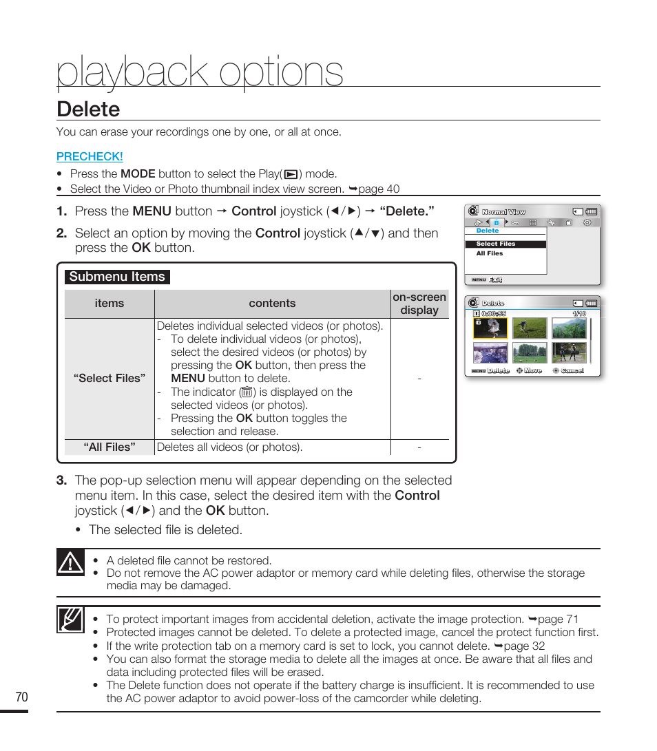 Delete, Playback options | Samsung SMX-F40RN-XAA User Manual | Page 82 / 131