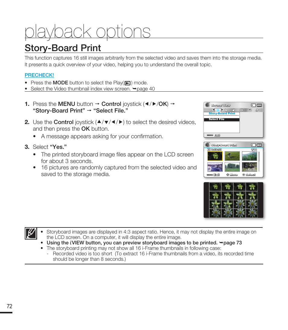 Story-board print, Playback options | Samsung SMX-F40RN-XAA User Manual | Page 84 / 131