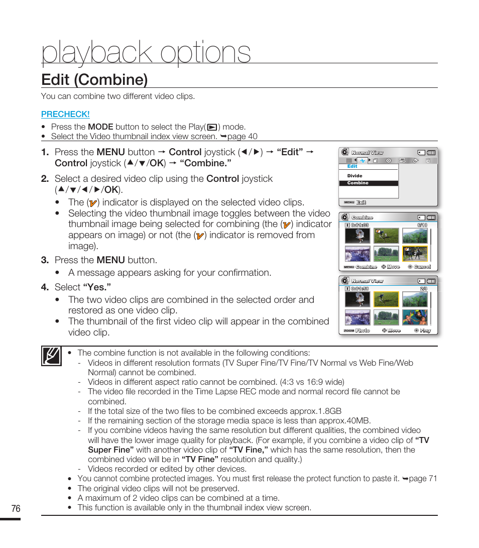 Edit (combine), Playback options | Samsung SMX-F40RN-XAA User Manual | Page 88 / 131