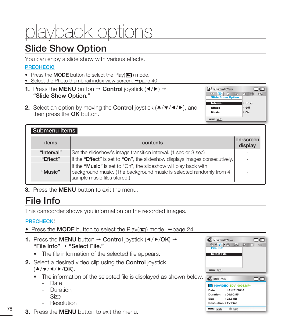 Slide show option, File info, Playback options | Samsung SMX-F40RN-XAA User Manual | Page 90 / 131