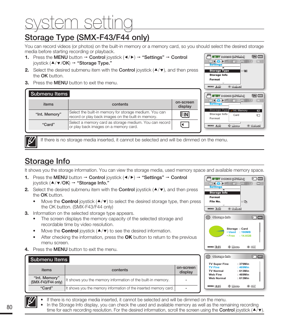 Storage type (smx-f43/f44 only), Storage info, System setting | Submenu items | Samsung SMX-F40RN-XAA User Manual | Page 92 / 131