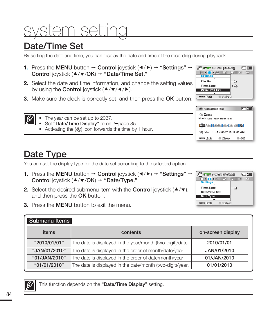 Date/time set, Date type, System setting | Samsung SMX-F40RN-XAA User Manual | Page 96 / 131