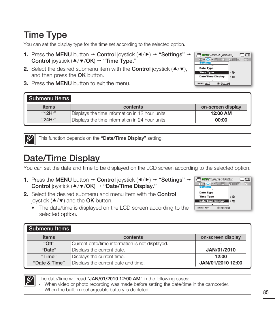 Time type, Date/time display | Samsung SMX-F40RN-XAA User Manual | Page 97 / 131