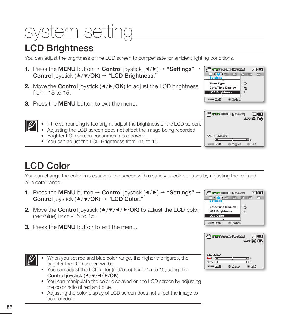 Lcd brightness, Lcd color, System setting | Samsung SMX-F40RN-XAA User Manual | Page 98 / 131