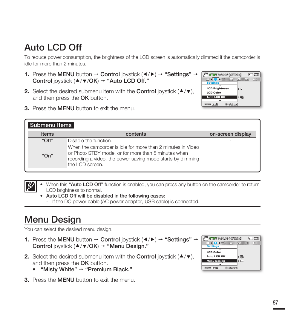 Auto lcd off, Menu design | Samsung SMX-F40RN-XAA User Manual | Page 99 / 131