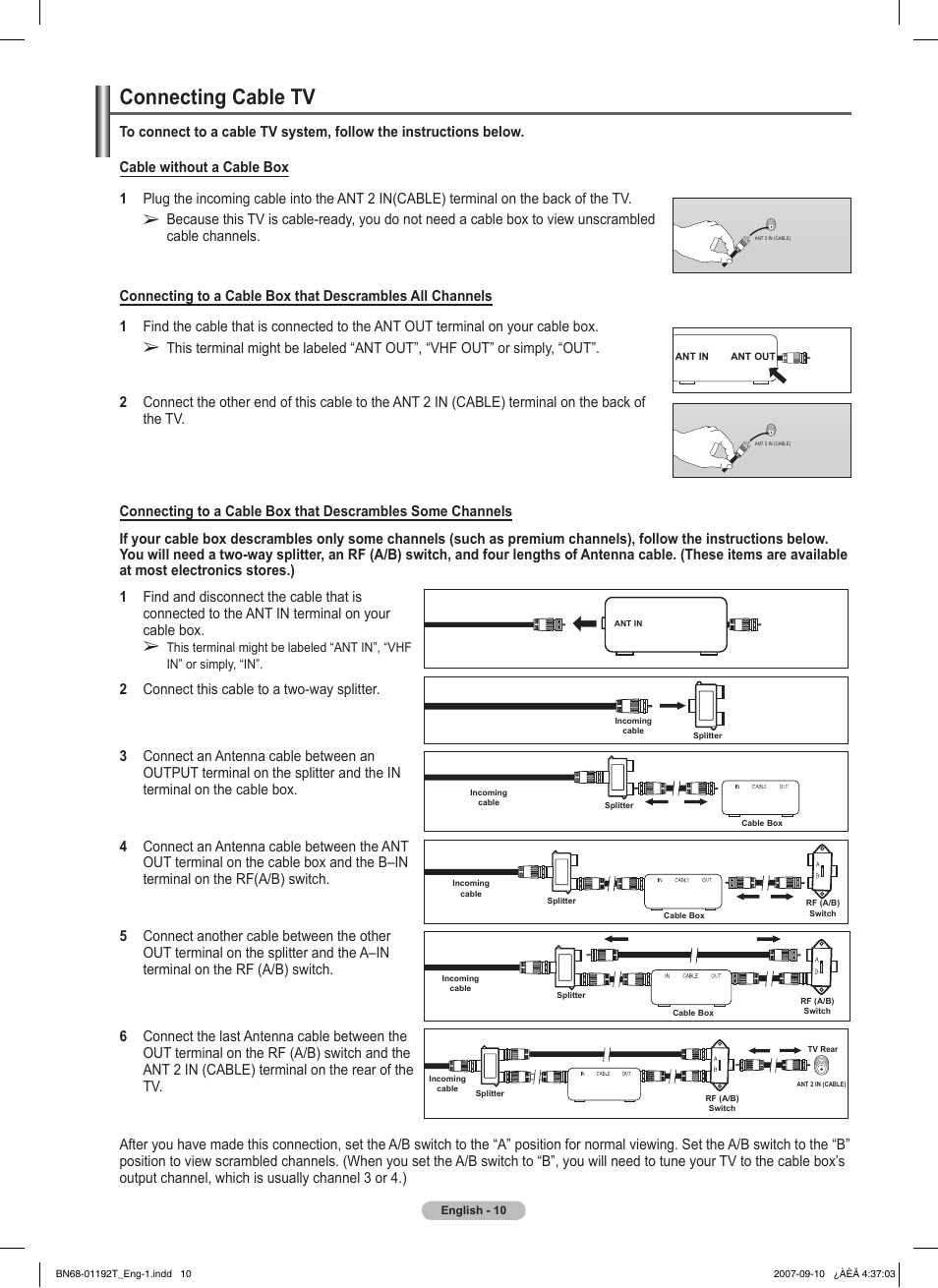 Connecting cable tv | Samsung HPT5044X-XAA User Manual | Page 10 / 72