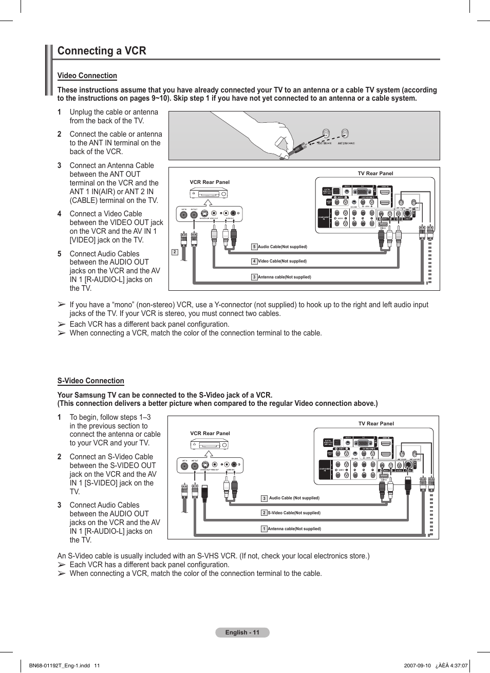Connecting a vcr | Samsung HPT5044X-XAA User Manual | Page 11 / 72
