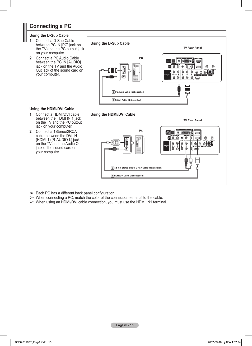 Connecting a pc | Samsung HPT5044X-XAA User Manual | Page 15 / 72