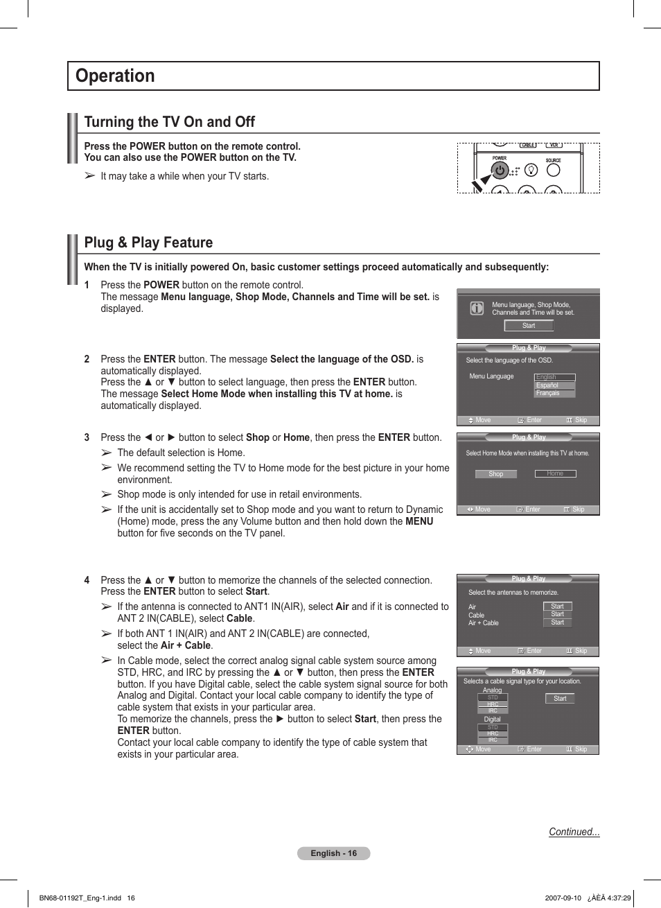 Operation, Turning the tv on and off, Plug & play feature | Samsung HPT5044X-XAA User Manual | Page 16 / 72