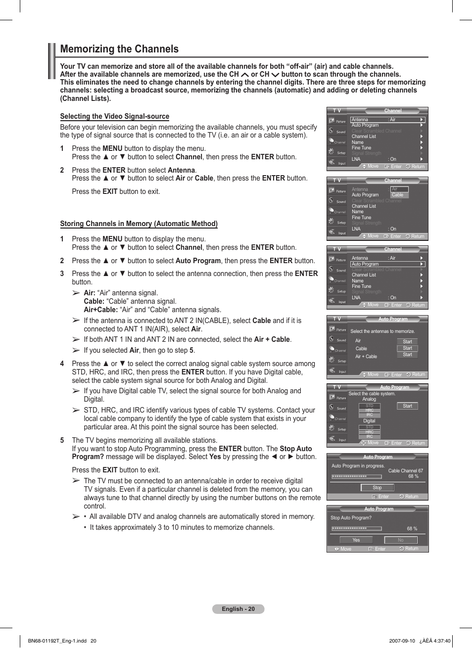 Memorizing the channels | Samsung HPT5044X-XAA User Manual | Page 20 / 72