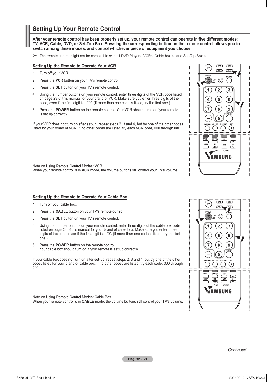 Setting up your remote control | Samsung HPT5044X-XAA User Manual | Page 21 / 72