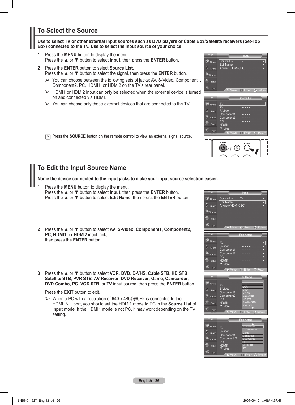 To select the source, To edit the input source name | Samsung HPT5044X-XAA User Manual | Page 26 / 72