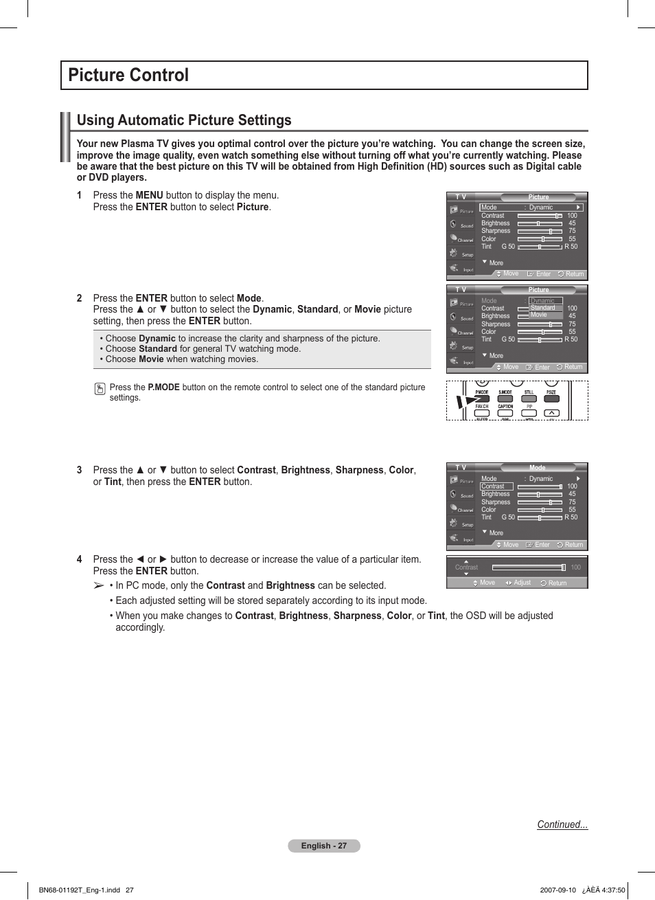 Picture control, Using automatic picture settings | Samsung HPT5044X-XAA User Manual | Page 27 / 72