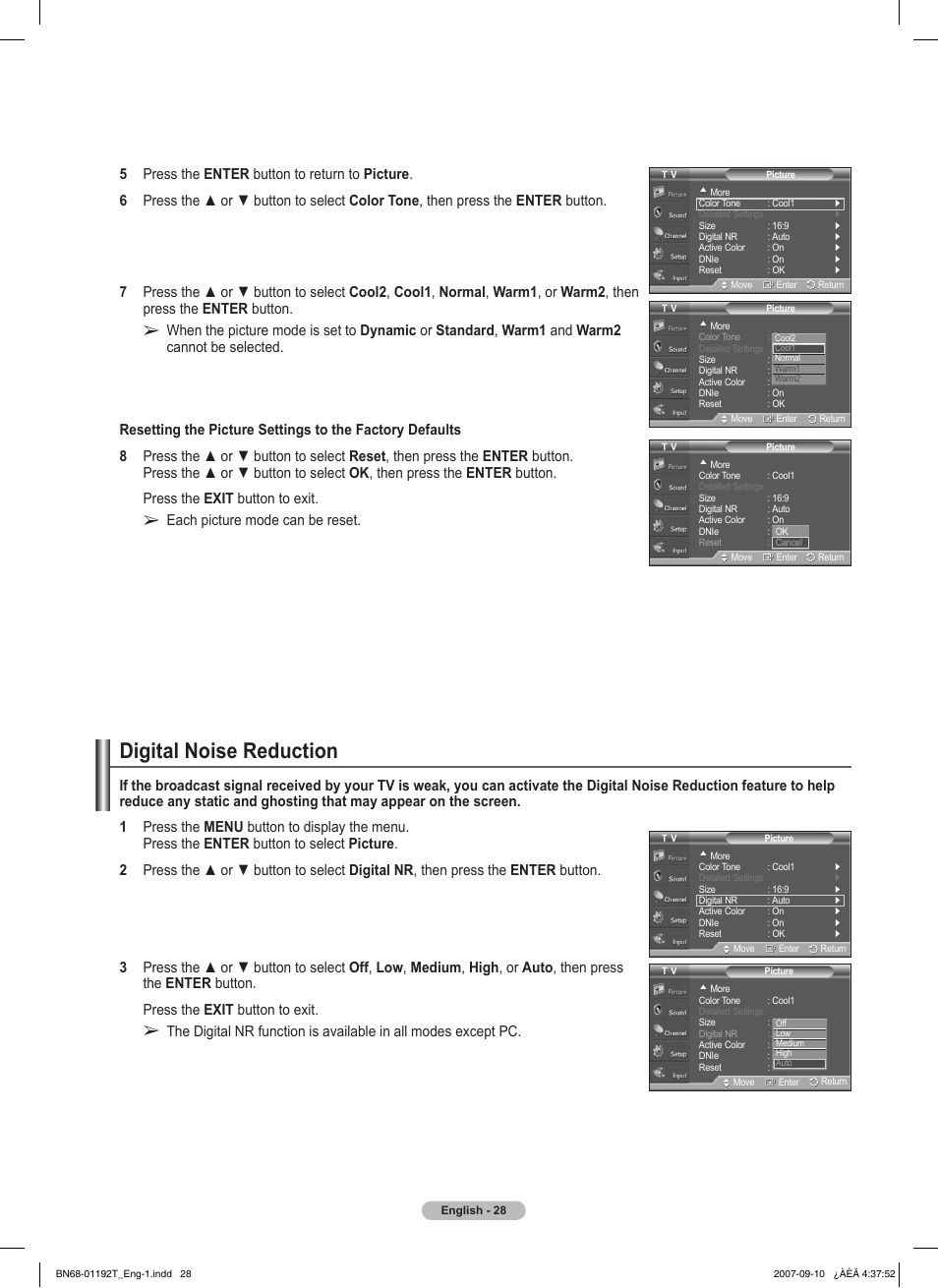 Digital noise reduction, Each picture mode can be reset | Samsung HPT5044X-XAA User Manual | Page 28 / 72
