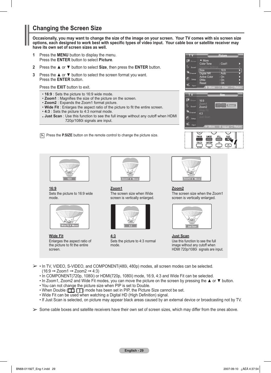 Changing the screen size | Samsung HPT5044X-XAA User Manual | Page 29 / 72