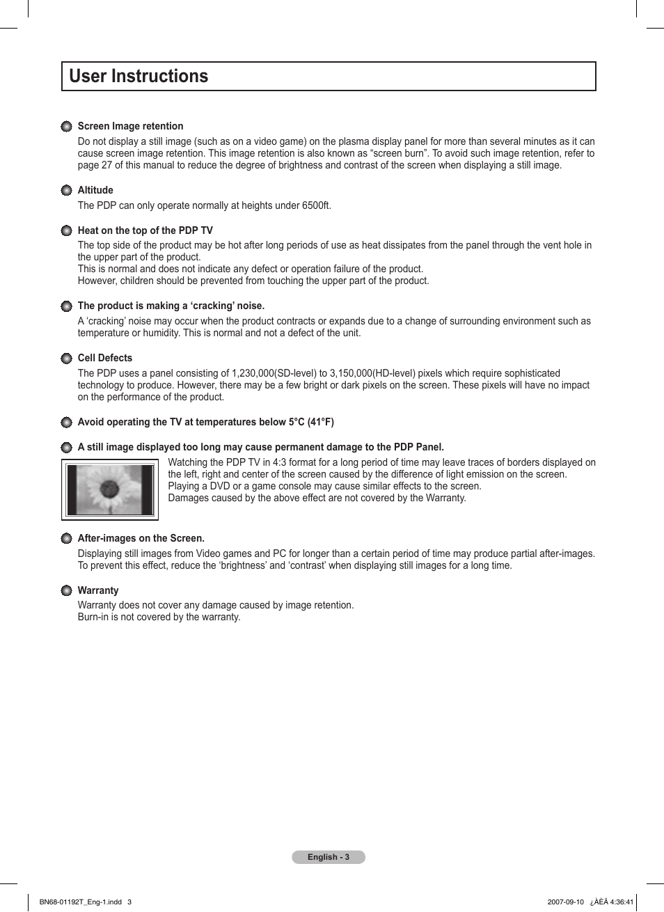User instructions | Samsung HPT5044X-XAA User Manual | Page 3 / 72