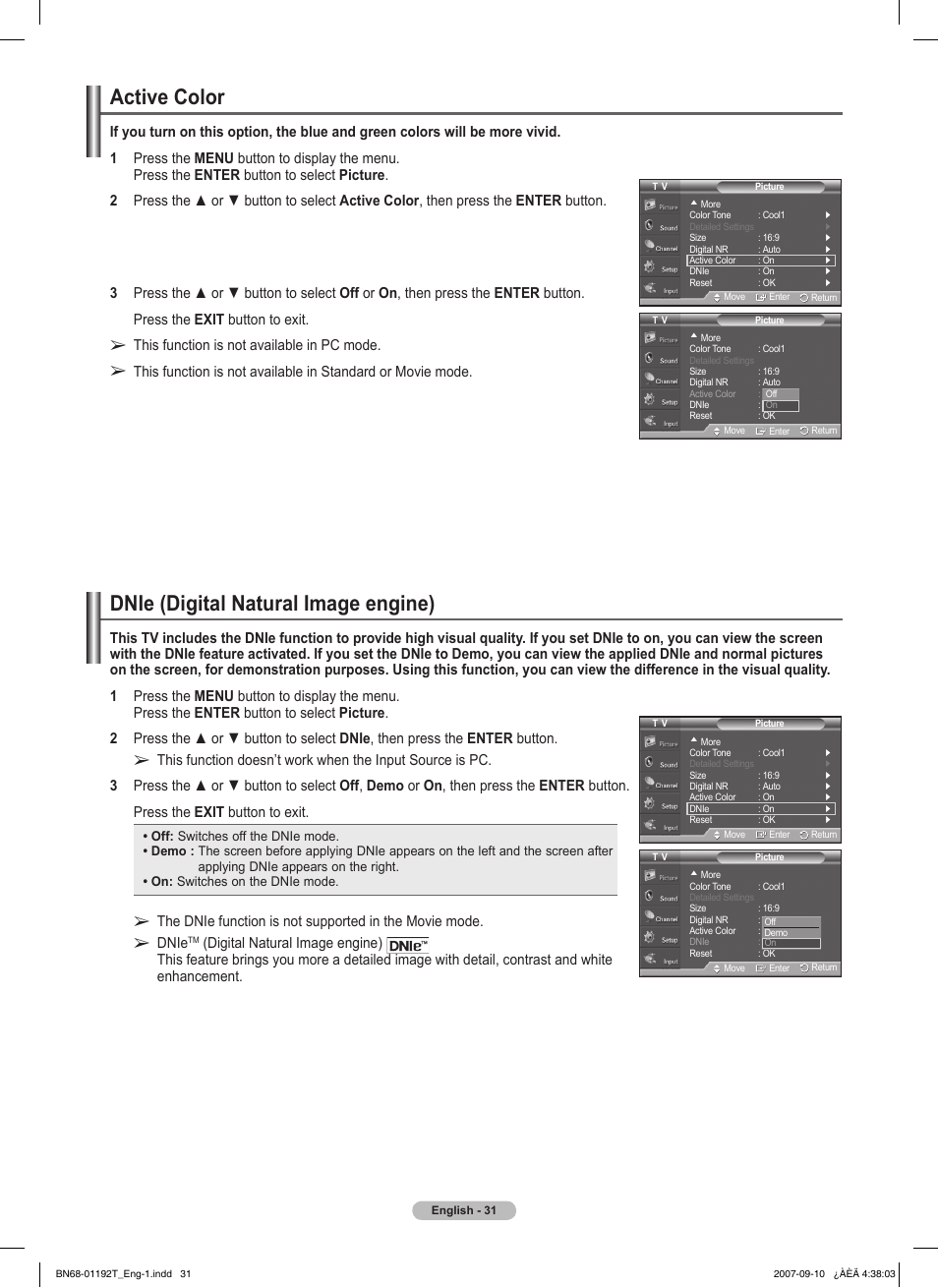 Active color, Dnie (digital natural image engine), This function is not available in pc mode | Dnie | Samsung HPT5044X-XAA User Manual | Page 31 / 72