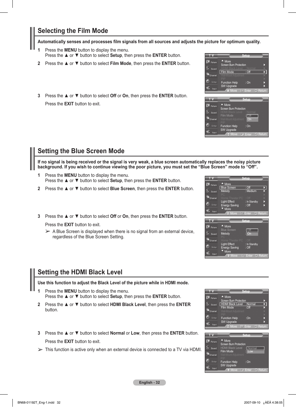 Selecting the film mode, Setting the blue screen mode, Setting the hdmi black level | Samsung HPT5044X-XAA User Manual | Page 32 / 72