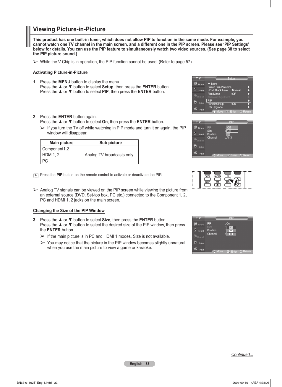 Viewing picture-in-picture | Samsung HPT5044X-XAA User Manual | Page 33 / 72