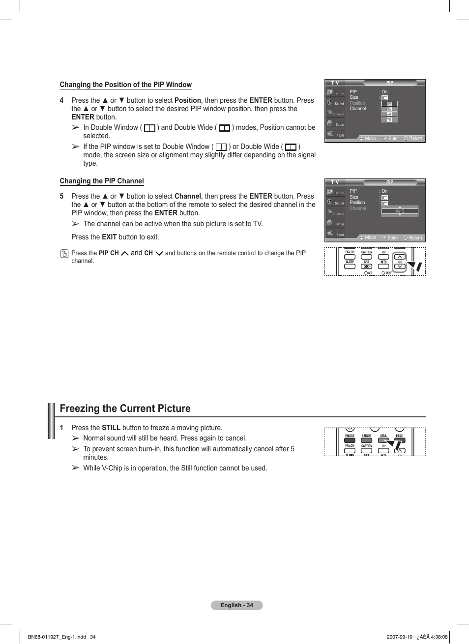 Freezing the current picture | Samsung HPT5044X-XAA User Manual | Page 34 / 72