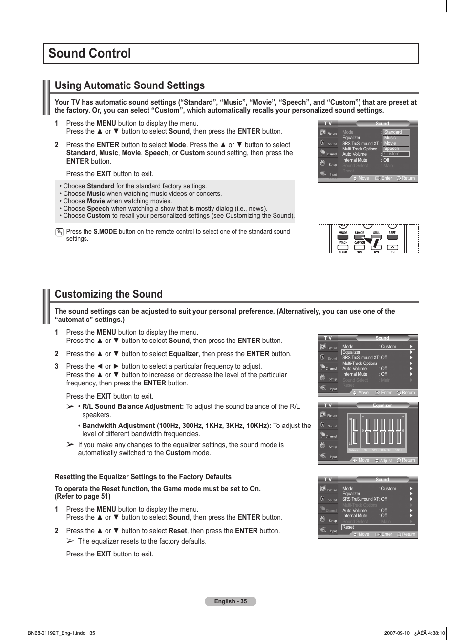 Sound control, Using automatic sound settings, Customizing the sound | Samsung HPT5044X-XAA User Manual | Page 35 / 72
