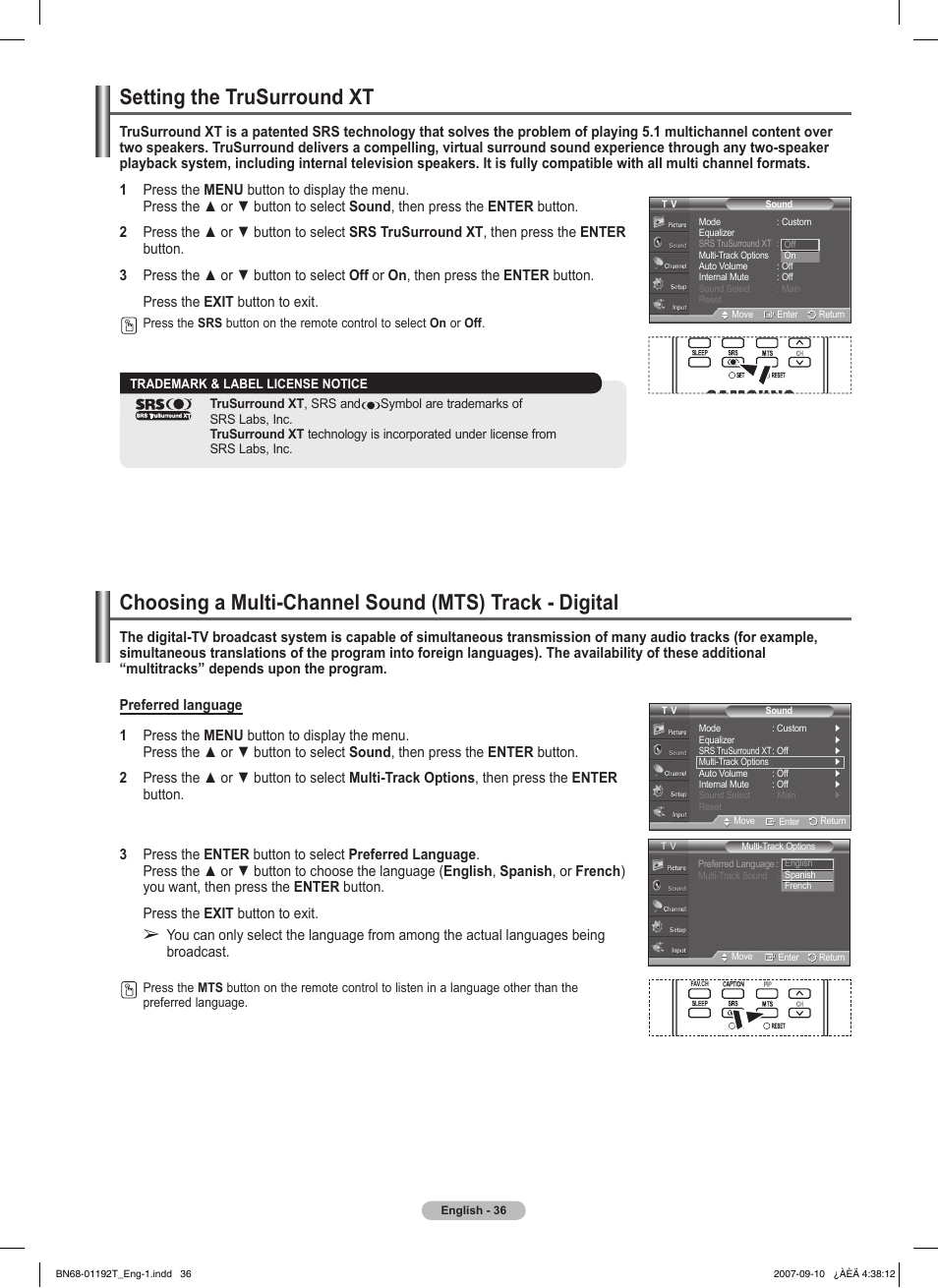 Setting the trusurround xt | Samsung HPT5044X-XAA User Manual | Page 36 / 72