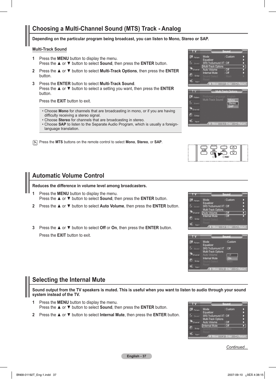 Automatic volume control, Selecting the internal mute | Samsung HPT5044X-XAA User Manual | Page 37 / 72