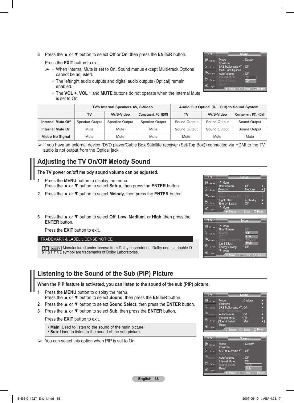 Adjusting the tv on/off melody sound, Listening to the sound of the sub (pip) picture, You can select this option when pip is set to on | Samsung HPT5044X-XAA User Manual | Page 38 / 72