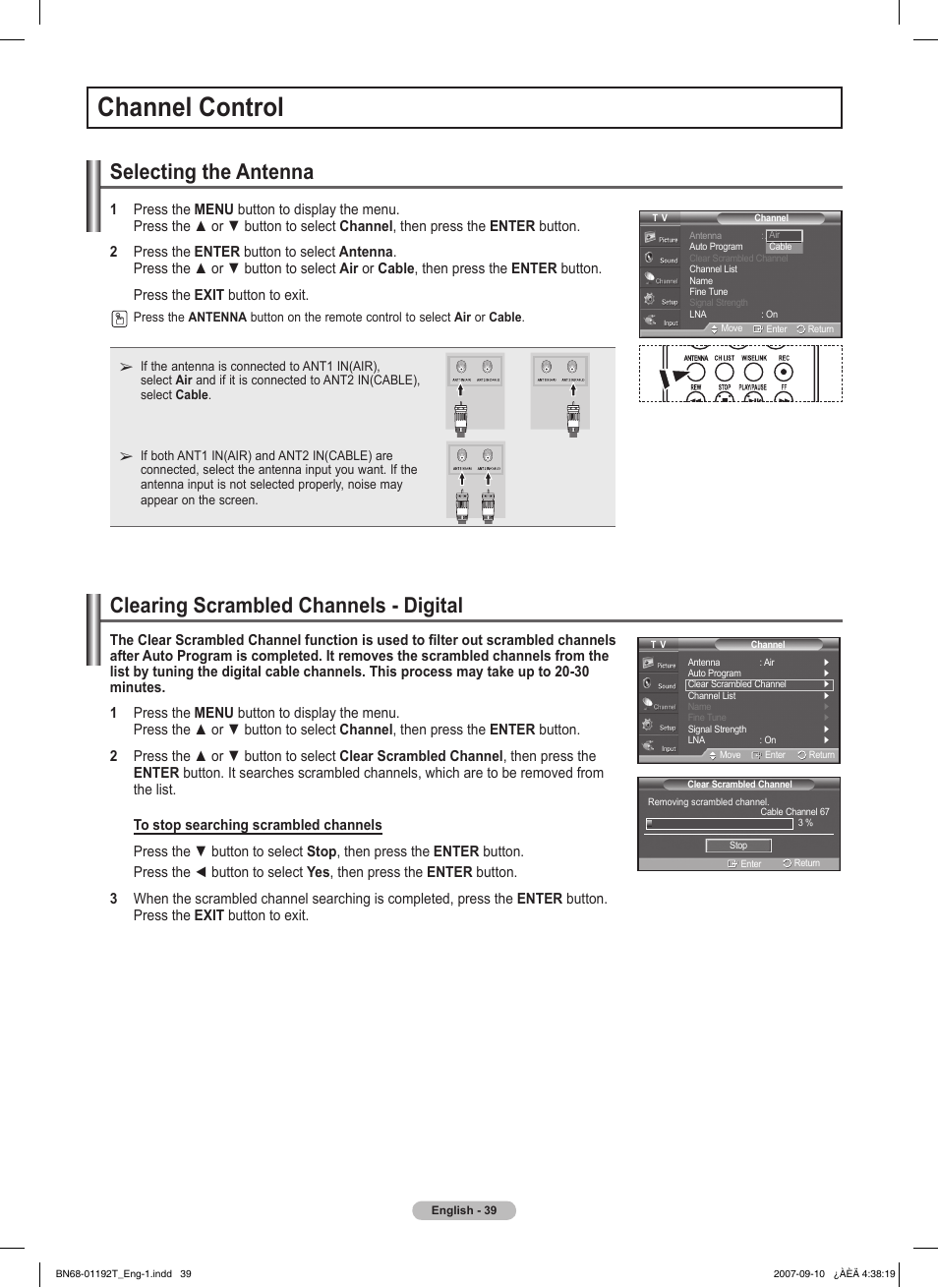 Channel control, Selecting the antenna, Clearing scrambled channels - digital | Samsung HPT5044X-XAA User Manual | Page 39 / 72