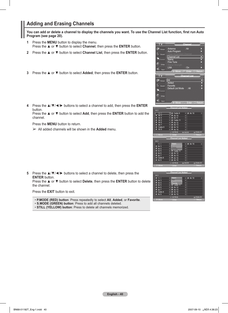 Adding and erasing channels, All added channels will be shown in the added menu | Samsung HPT5044X-XAA User Manual | Page 40 / 72