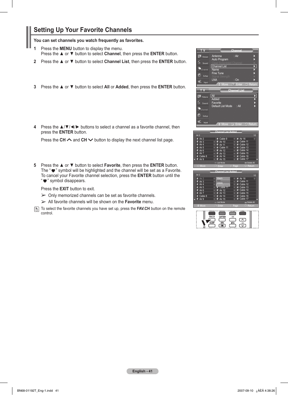 Setting up your favorite channels | Samsung HPT5044X-XAA User Manual | Page 41 / 72