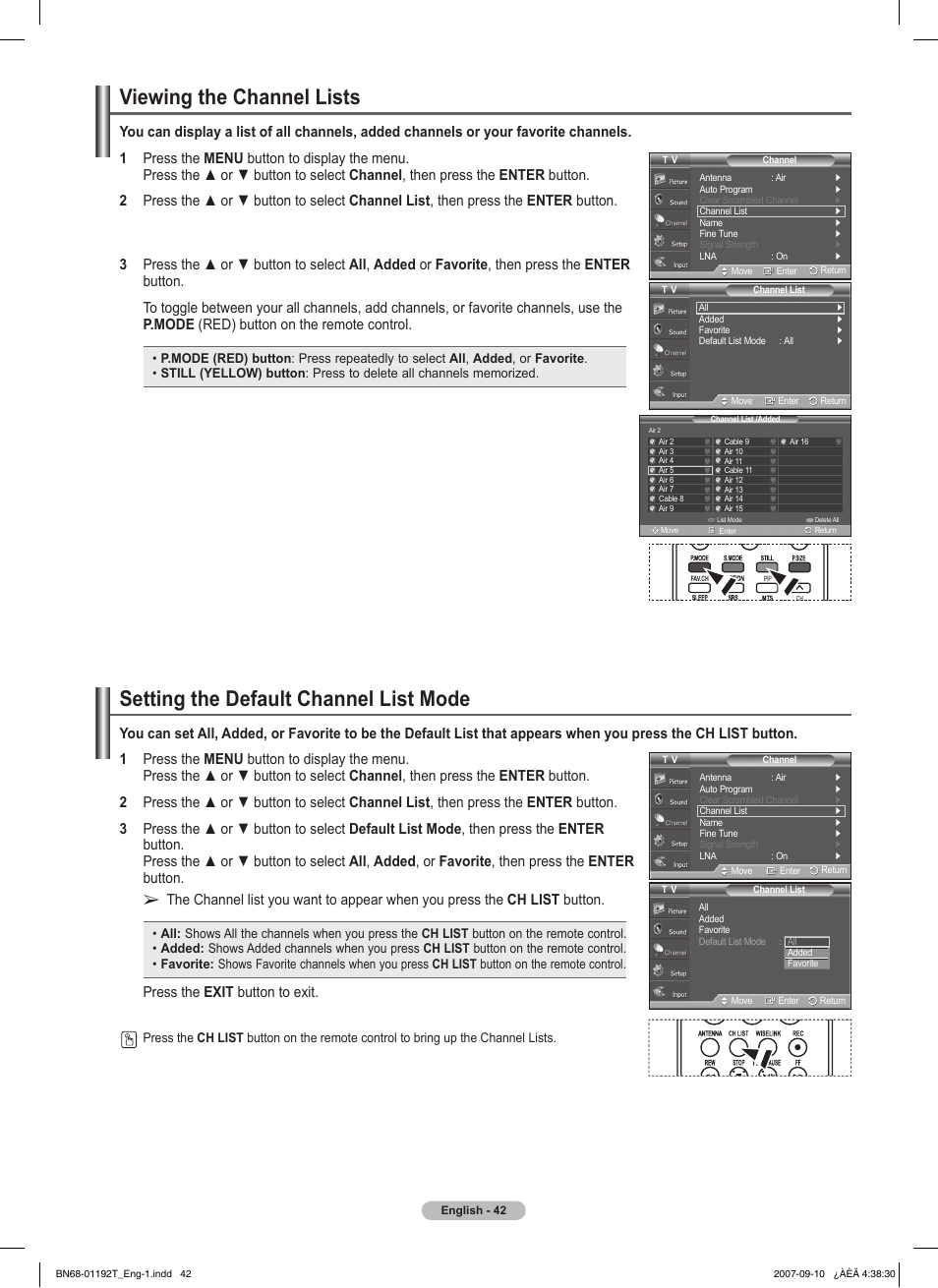 Viewing the channel lists, Setting the default channel list mode, Press the exit button to exit | Samsung HPT5044X-XAA User Manual | Page 42 / 72