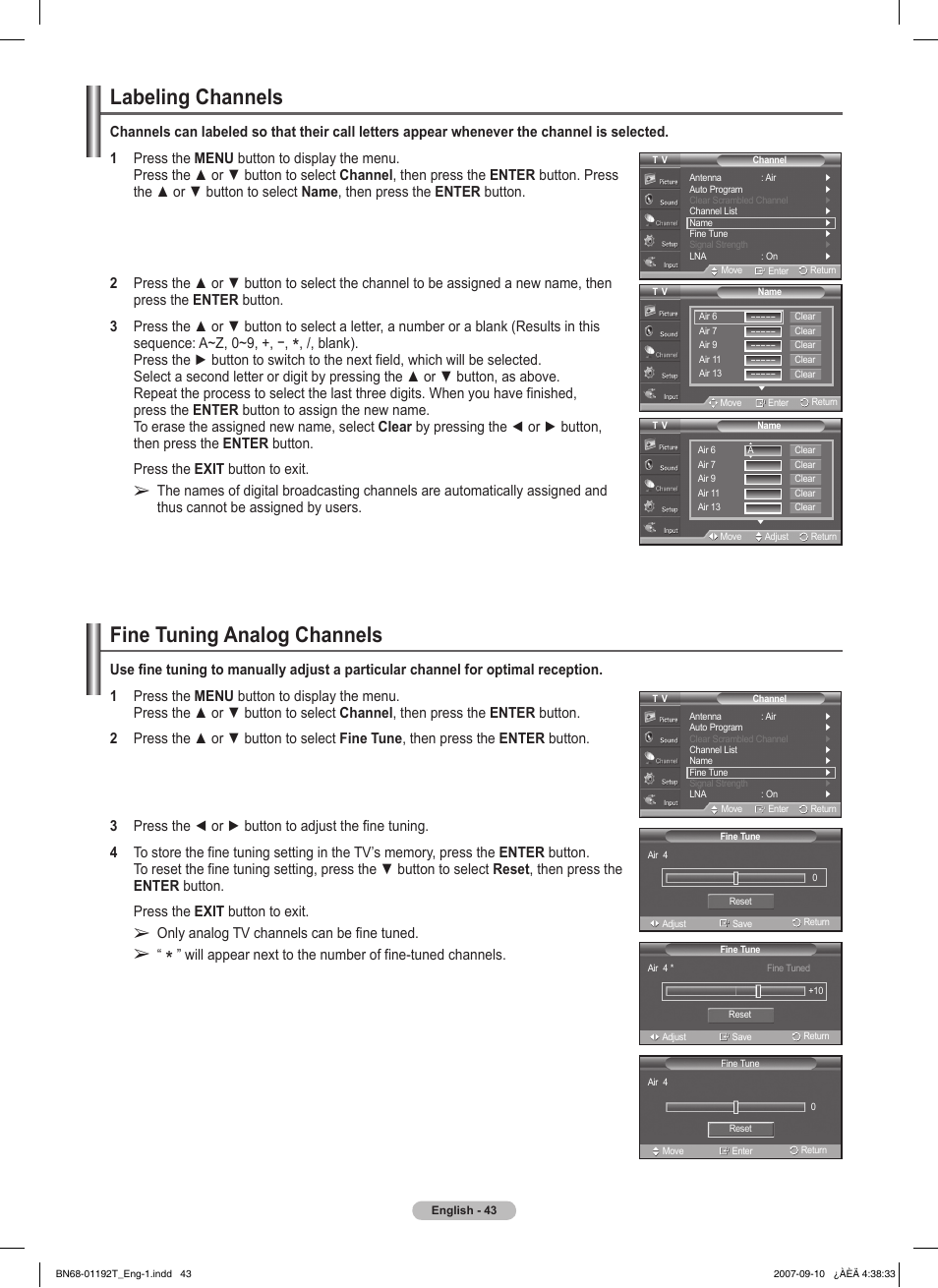 Labeling channels, Fine tuning analog channels | Samsung HPT5044X-XAA User Manual | Page 43 / 72