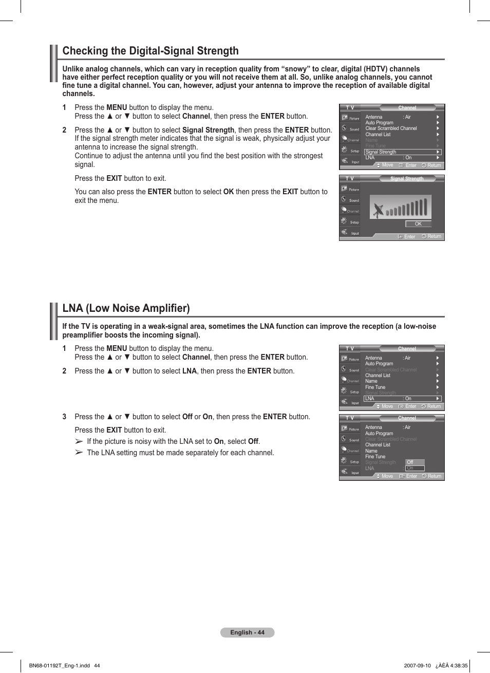Checking the digital-signal strength, Lna (low noise amplifier) | Samsung HPT5044X-XAA User Manual | Page 44 / 72