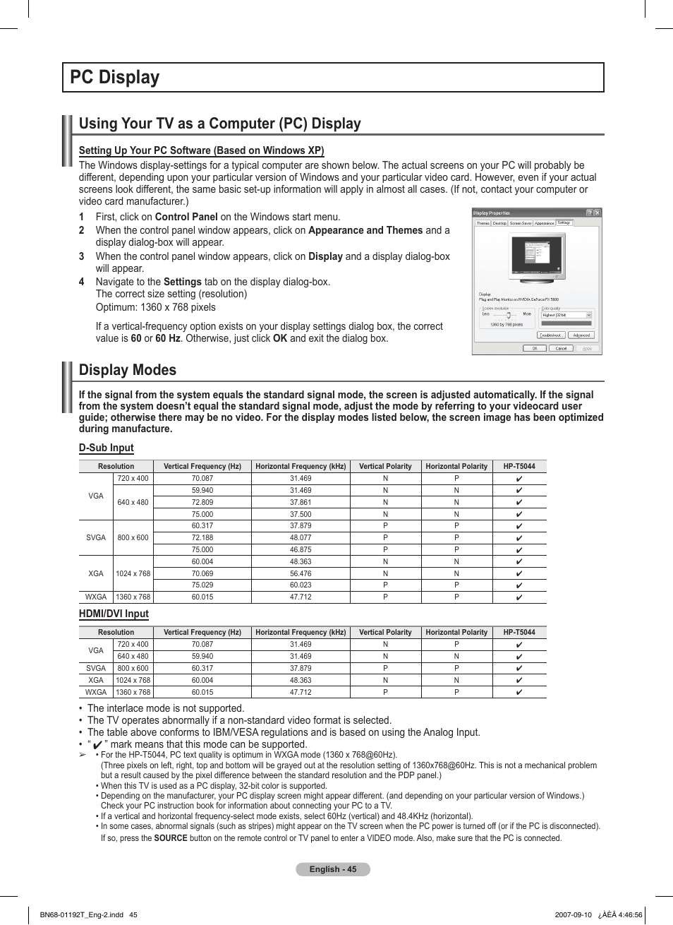 Pc display, Using your tv as a computer (pc) display, Display modes | Samsung HPT5044X-XAA User Manual | Page 45 / 72