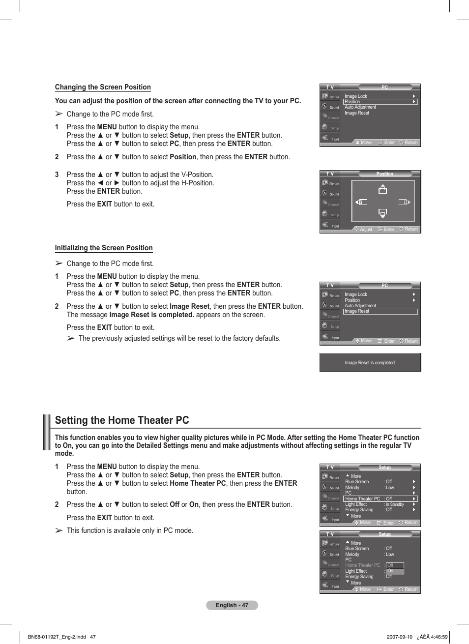 Setting the home theater pc | Samsung HPT5044X-XAA User Manual | Page 47 / 72