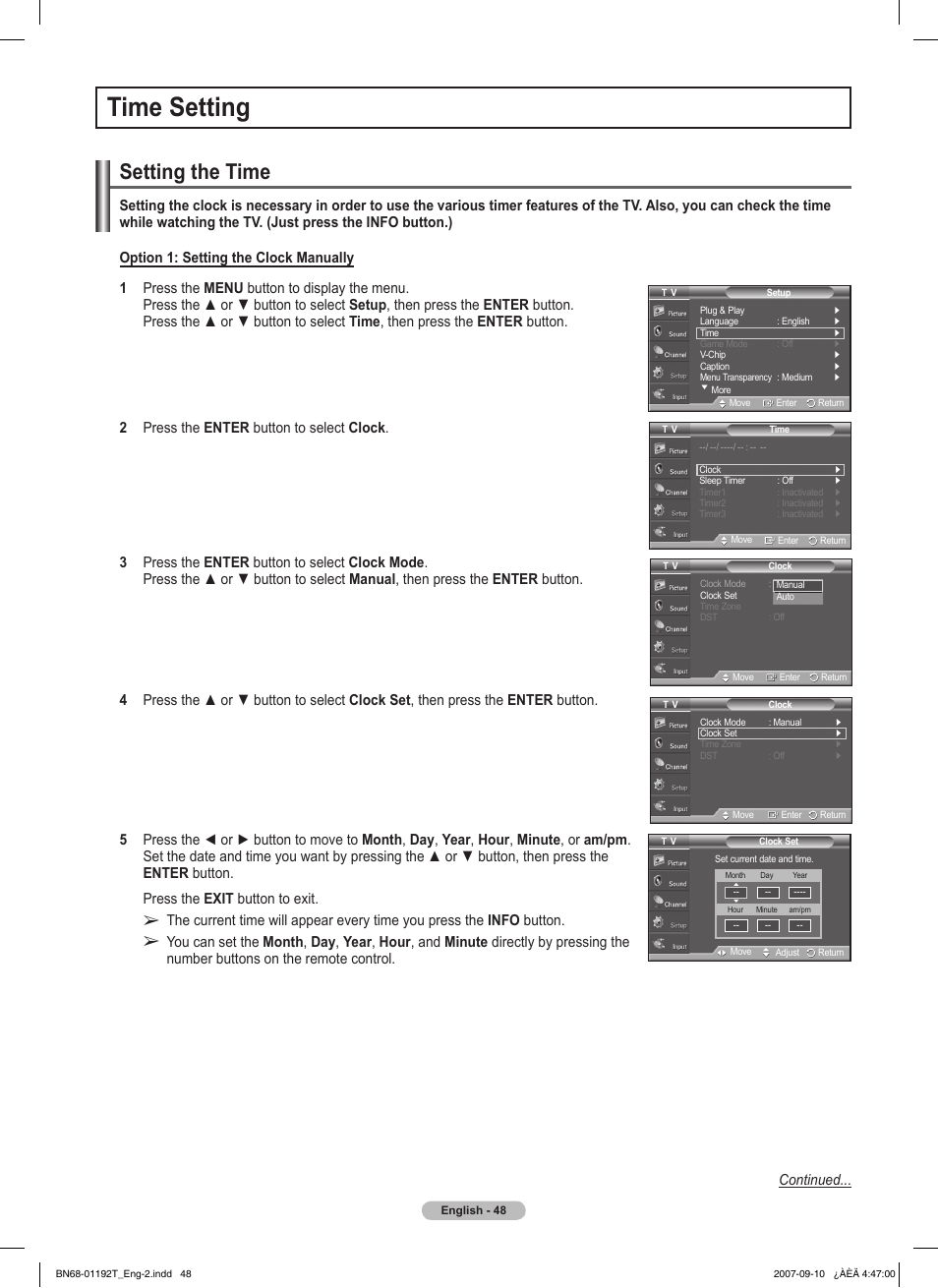 Time setting, Setting the time | Samsung HPT5044X-XAA User Manual | Page 48 / 72