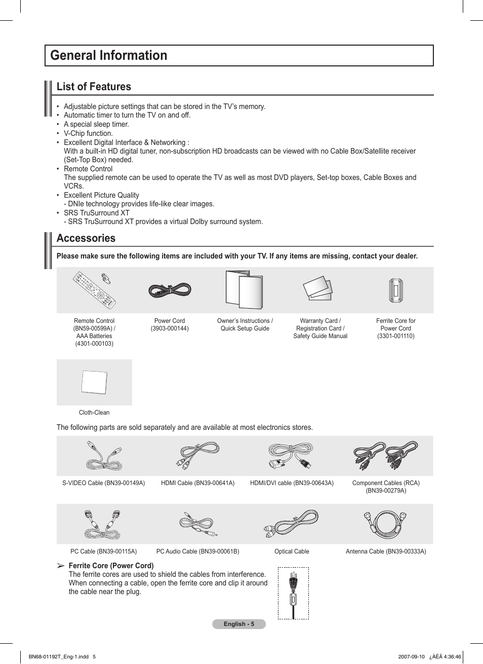 General information, List of features, Accessories | Samsung HPT5044X-XAA User Manual | Page 5 / 72