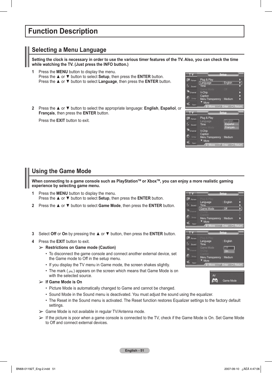 Function description, Selecting a menu language, Using the game mode | Or xbox | Samsung HPT5044X-XAA User Manual | Page 51 / 72