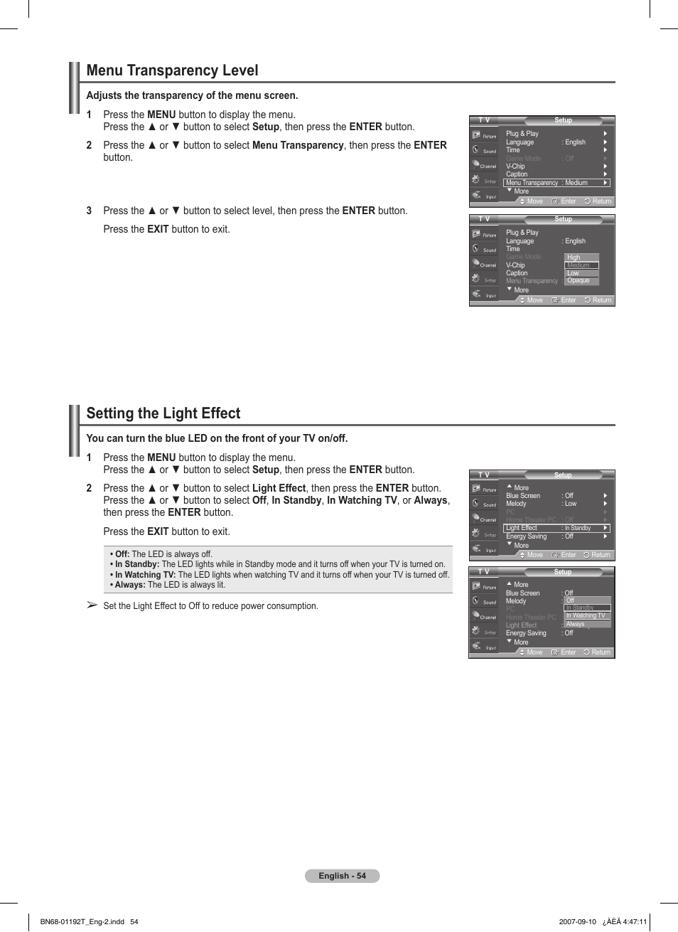 Menu transparency level, Setting the light effect | Samsung HPT5044X-XAA User Manual | Page 54 / 72