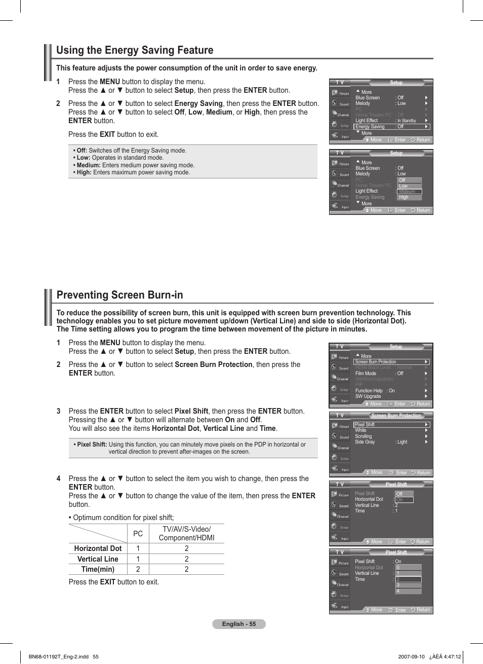 Using the energy saving feature, Preventing screen burn-in | Samsung HPT5044X-XAA User Manual | Page 55 / 72