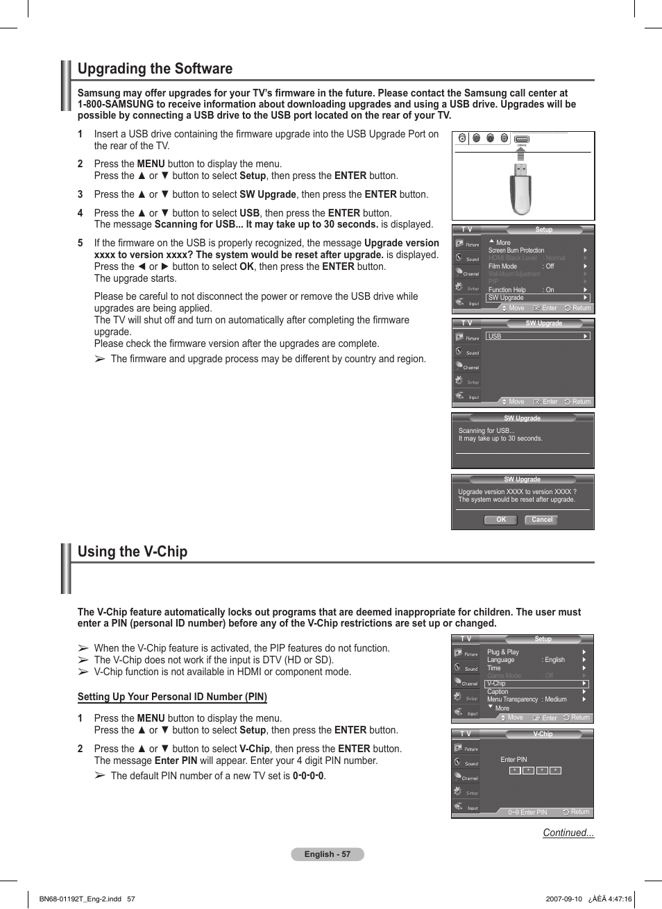 Upgrading the software, Using the v-chip | Samsung HPT5044X-XAA User Manual | Page 57 / 72