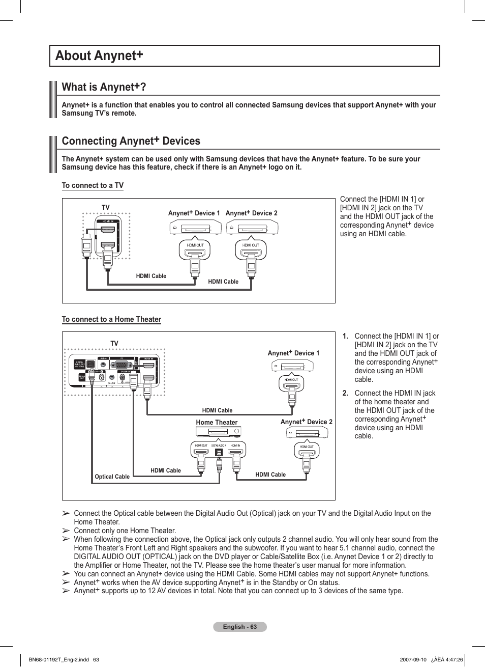 About anynet, What is anynet, Connecting anynet+ devices | Samsung HPT5044X-XAA User Manual | Page 63 / 72