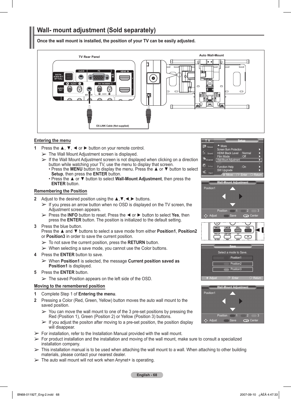 Wall- mount adjustment (sold separately) | Samsung HPT5044X-XAA User Manual | Page 68 / 72