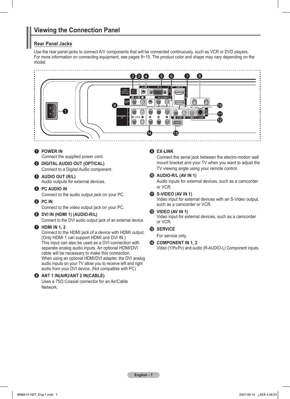 Viewing the connection panel | Samsung HPT5044X-XAA User Manual | Page 7 / 72