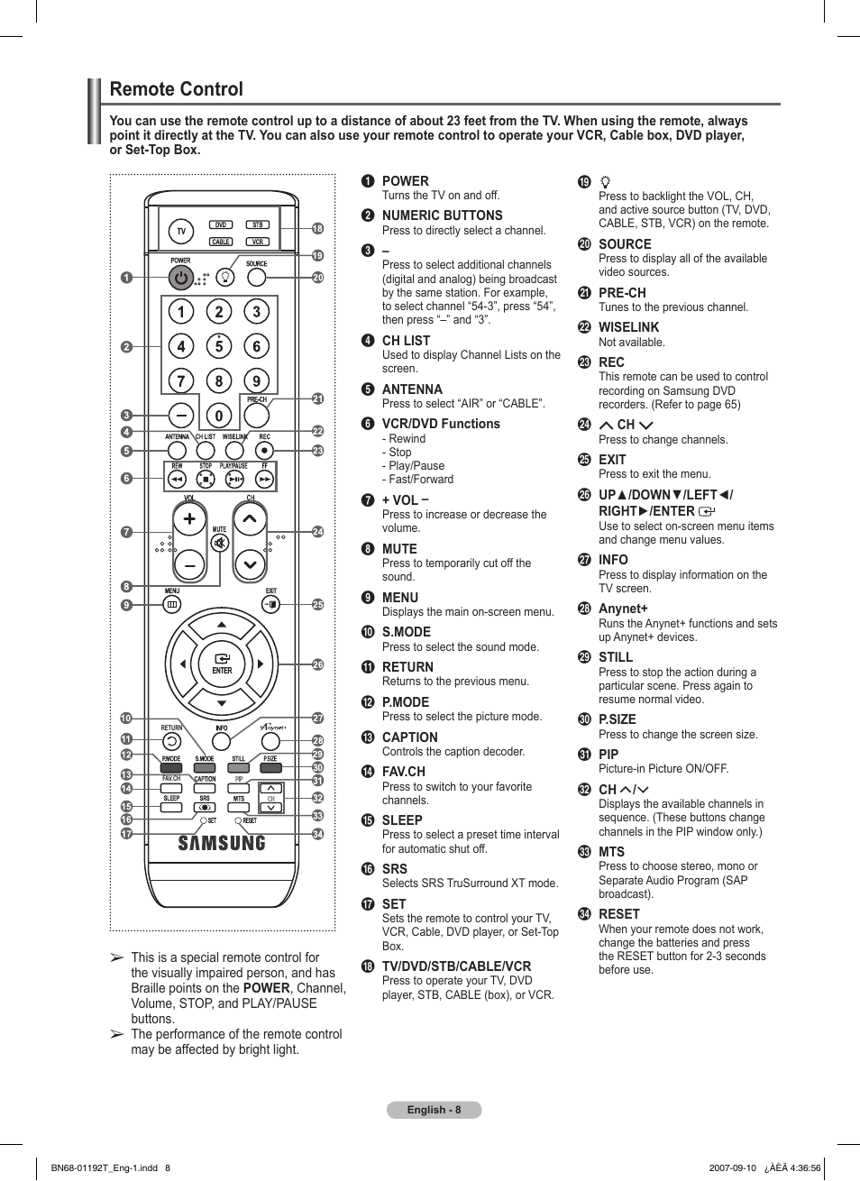 Remote control | Samsung HPT5044X-XAA User Manual | Page 8 / 72